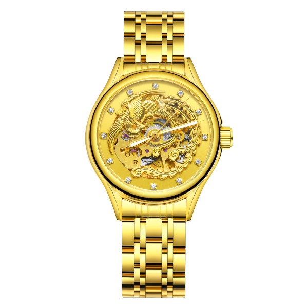 Мужские механические часы Winner 8222 Gold Steel с автоподзаводом и золотистым браслетом
