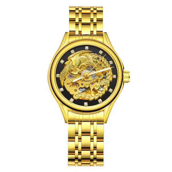 Мужские механические часы Winner 8222 Gold-Black Steel с автоподзаводом и стальным браслетом