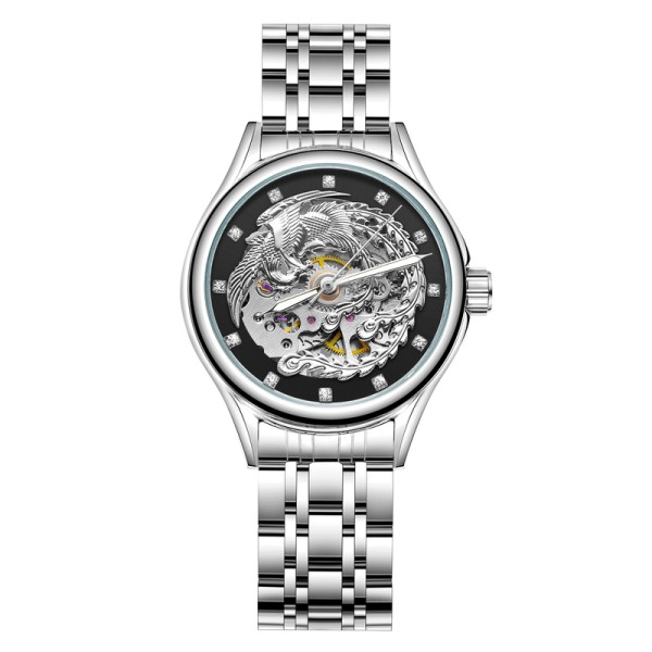 Мужские механические часы Winner 8222 Silver-Black Steel с автоподзаводом и стальным браслетом