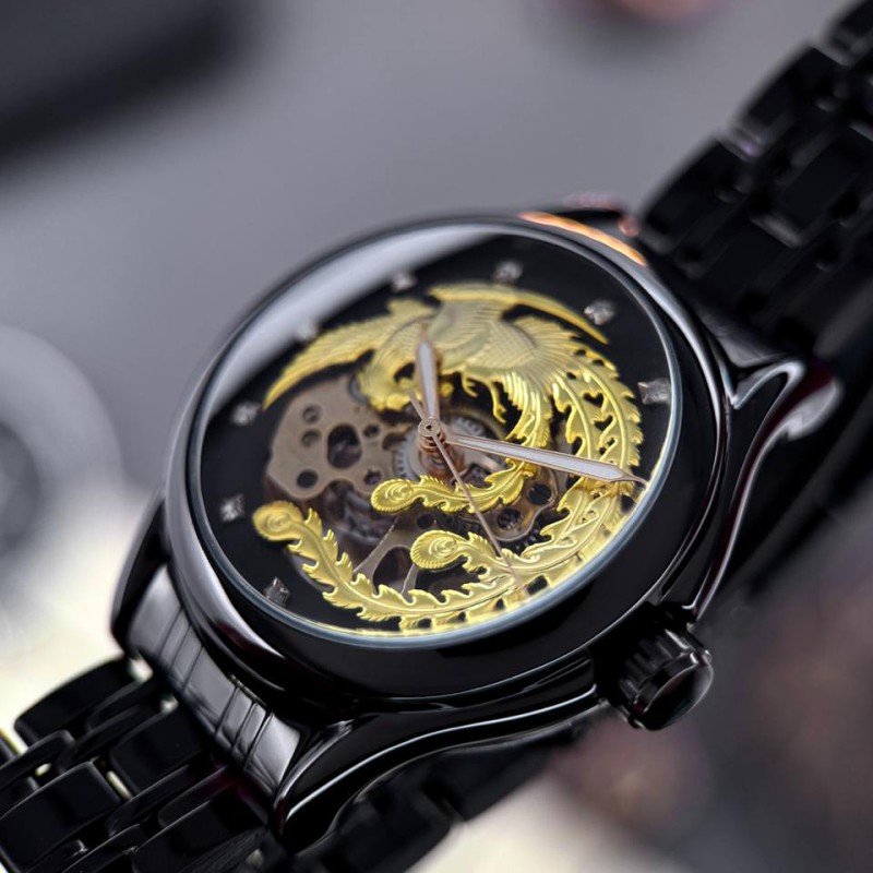 Мужские механические часы Winner 8222 Black-Gold Steel с автоподзаводом и стальным браслетом