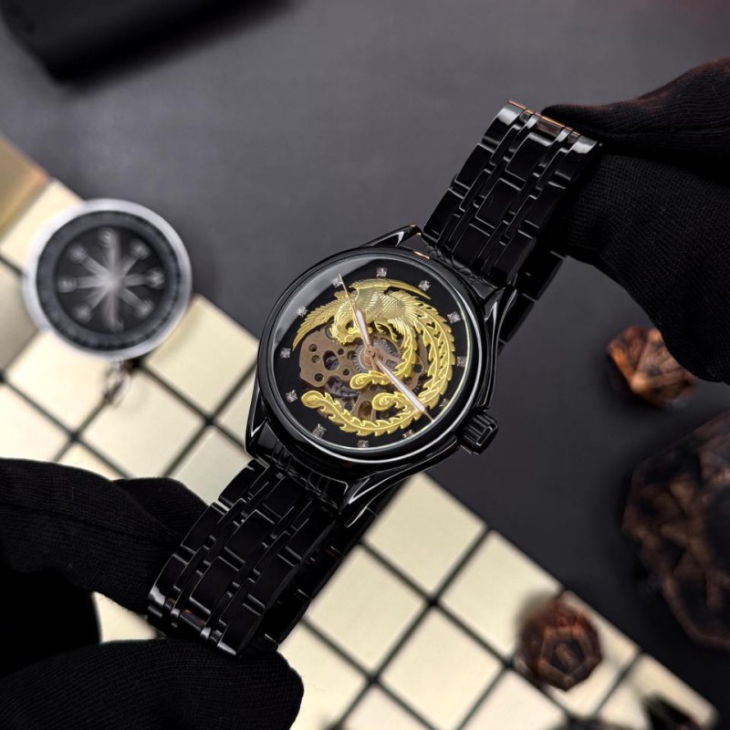Мужские механические часы Winner 8222 Black-Gold Steel с автоподзаводом и стальным браслетом
