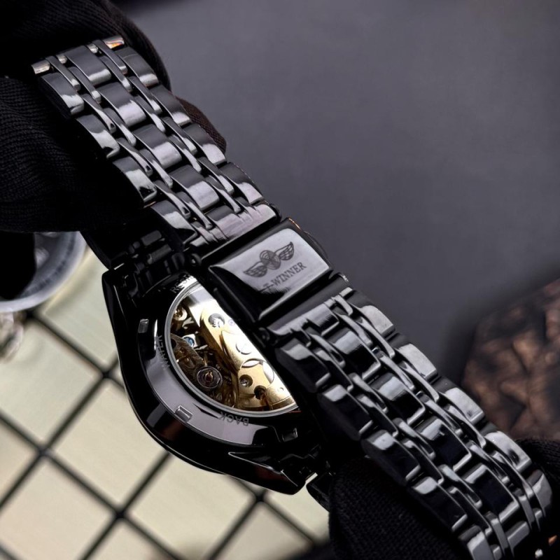 Мужские механические часы Winner 8222 Black-Gold Steel с автоподзаводом и стальным браслетом