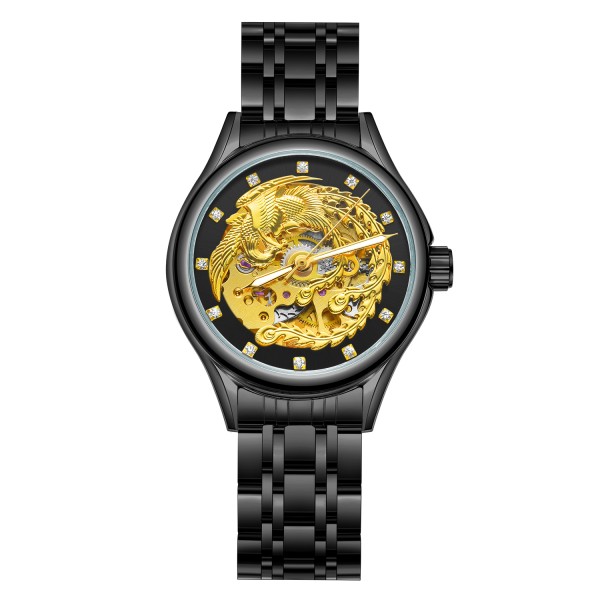 Мужские механические часы Winner 8222 Black-Gold Steel с автоподзаводом и стальным браслетом