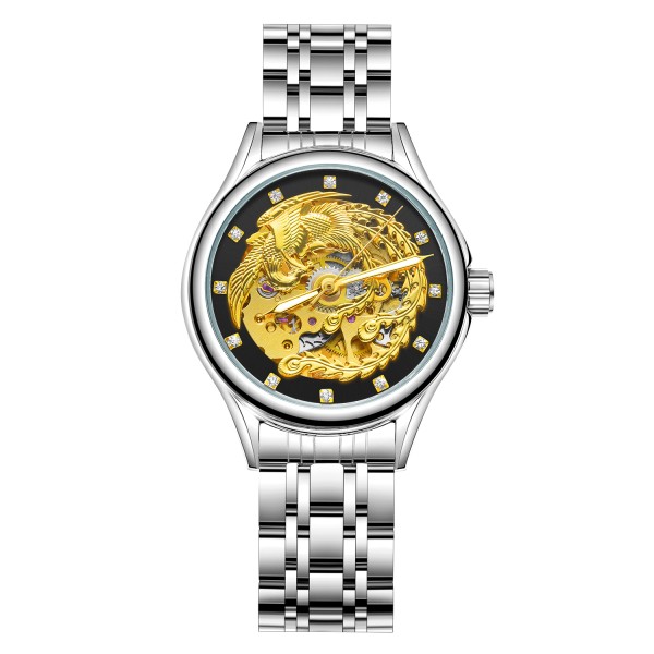Мужские механические часы Winner 8222 Silver-Gold Steel с автоподзаводом и стальным браслетом