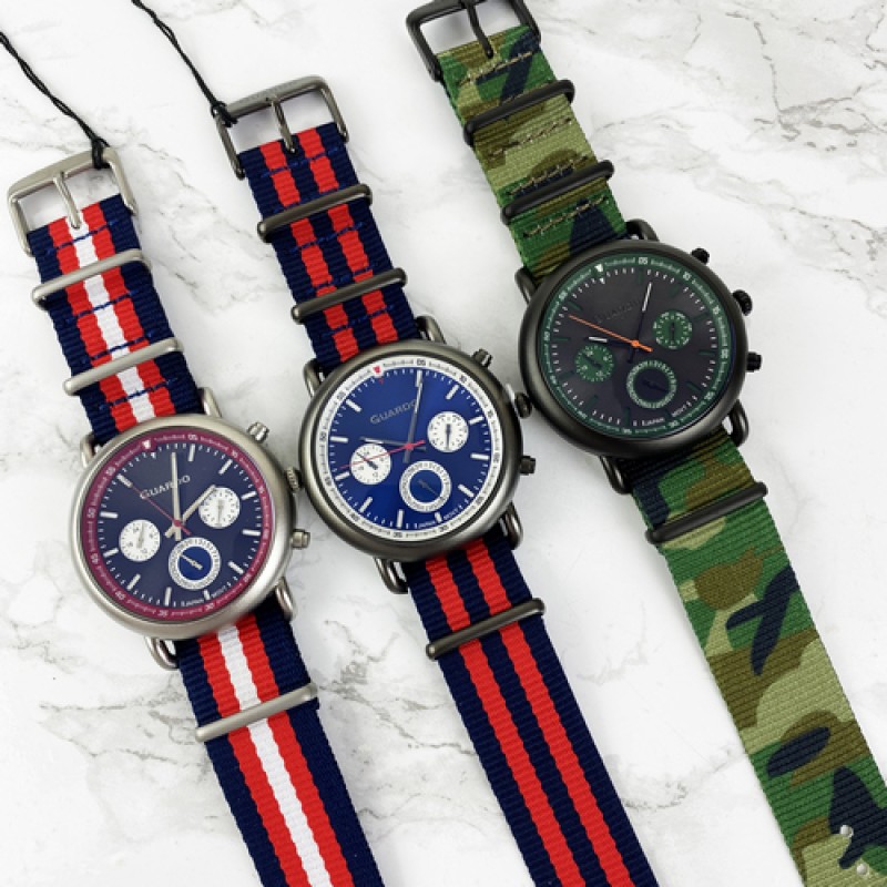 Чоловічий годинник Guardo 11146-2 Blue-Red-White-Silver з нейлоновим ремінцем та календарем