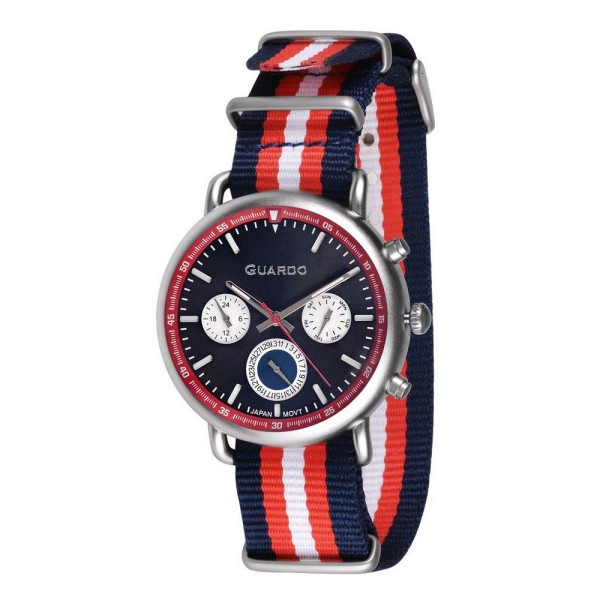 Чоловічий годинник Guardo 11146-2 Blue-Red-White-Silver з нейлоновим ремінцем та календарем