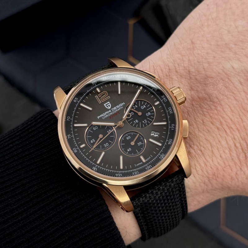 Чоловічий годинник Pagani Design YS008 Rose Gold-Black з сапфіровим склом та хронографом