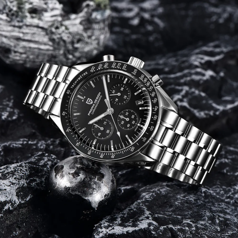 Мужские часы Pagani Design PD-1701 Silver-Black с сапфировым стеклом и механизмом Seiko VK63