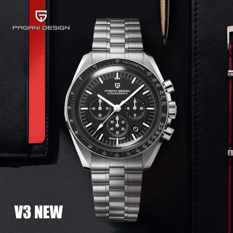 Мужские часы Pagani Design PD-1701 Silver-Black с сапфировым стеклом и механизмом Seiko VK63