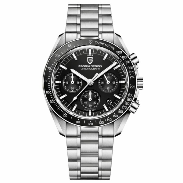 Мужские часы Pagani Design PD-1701 Silver-Black с сапфировым стеклом и механизмом Seiko VK63