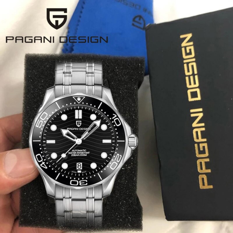 Мужские часы Pagani Design PD-1685 Silver-Black Steel с сапфировым стеклом и механизмом SEIKO