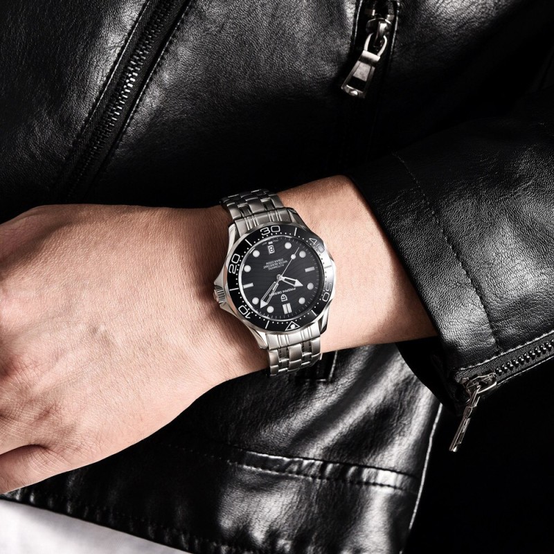Мужские часы Pagani Design PD-1685 Silver-Black Steel с сапфировым стеклом и механизмом SEIKO