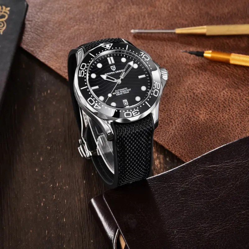 Мужские часы Pagani Design PD-1685 Silver-Black с сапфировым стеклом и механизмом SEIKO NH35A