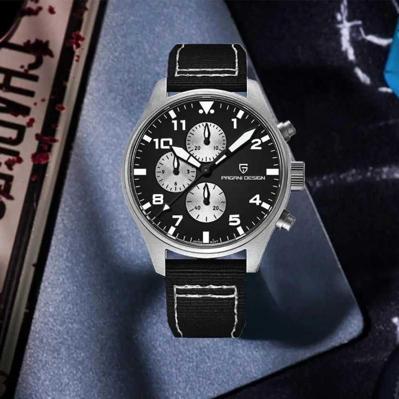 Мужские часы Pagani Design PD-1703 Silver-Black с сапфировым стеклом и хронографом SEIKO VK67