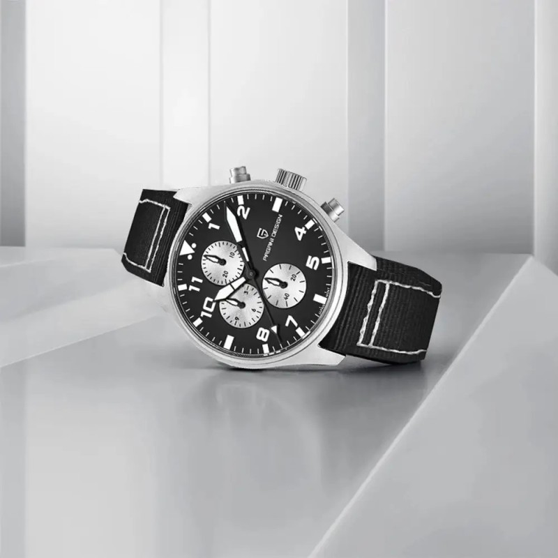 Мужские часы Pagani Design PD-1703 Silver-Black с сапфировым стеклом и хронографом SEIKO VK67