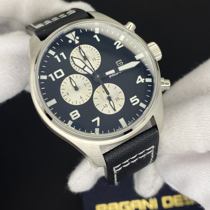 Мужские часы Pagani Design PD-1703 Silver-Black с сапфировым стеклом и хронографом SEIKO VK67