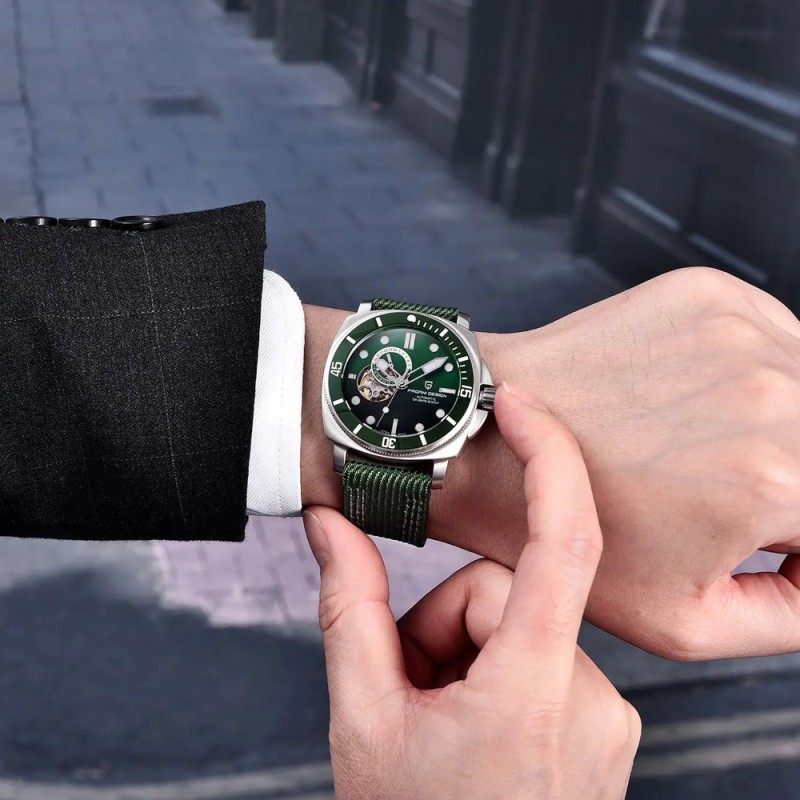 Мужские механические часы Pagani Design PD-1736 Silver-Green с сапфировым стеклом и механизмом SEIKO NH36