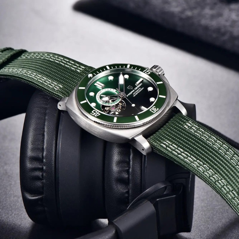 Мужские механические часы Pagani Design PD-1736 Silver-Green с сапфировым стеклом и механизмом SEIKO NH36