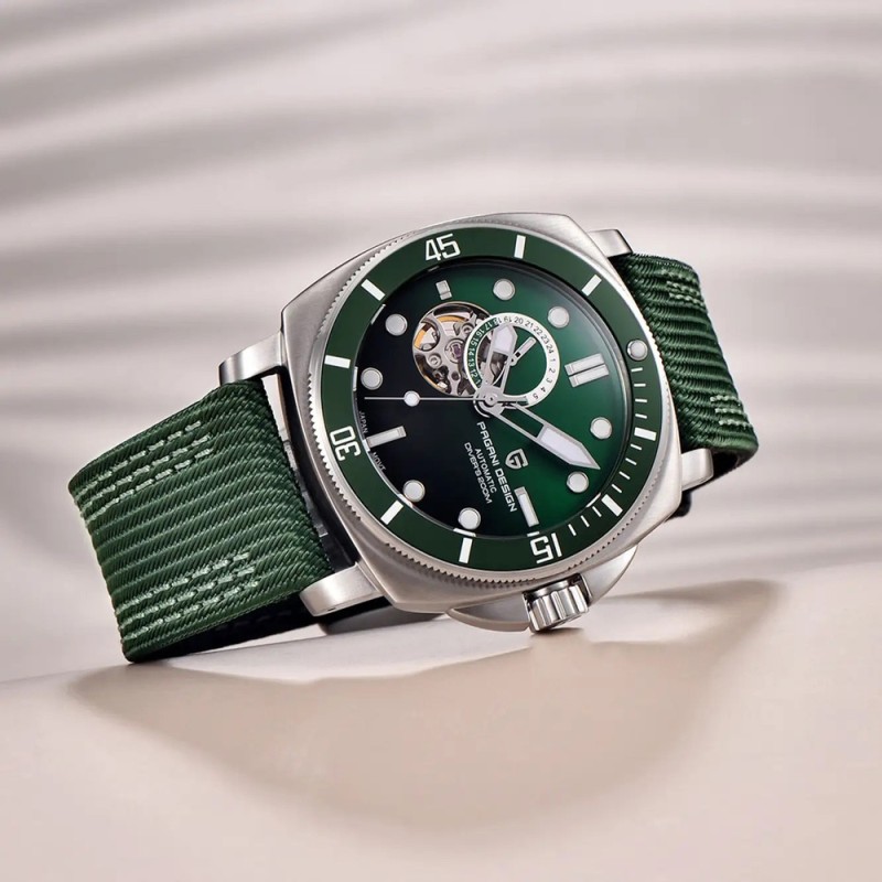 Мужские механические часы Pagani Design PD-1736 Silver-Green с сапфировым стеклом и механизмом SEIKO NH36