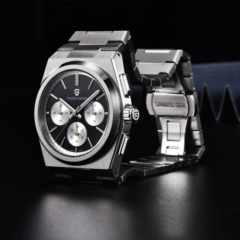 Мужские часы Pagani Design PD-1761 Silver-Black с сапфировым стеклом и механизмом SEIKO VK63
