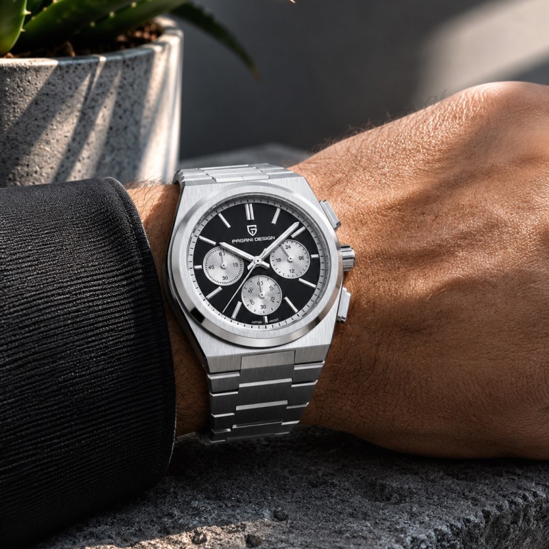 Мужские часы Pagani Design PD-1761 Silver-Black с сапфировым стеклом и механизмом SEIKO VK63