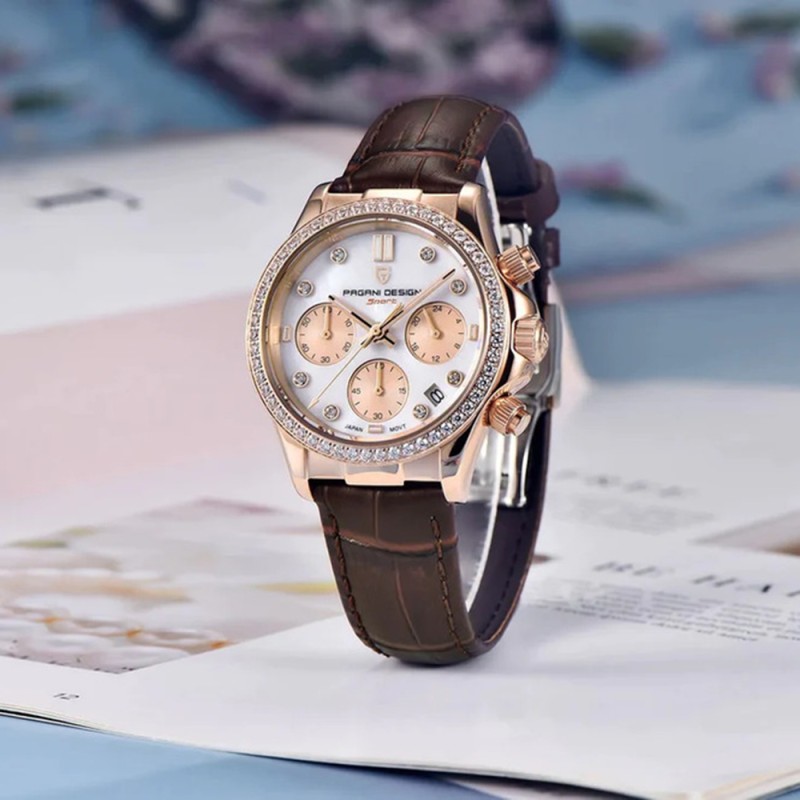 Жіночий годинник Pagani Design PD-1730 Gold-Brown з сапфіровим склом та хронографом