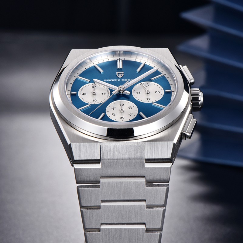 Мужские часы Pagani Design PD-1761 Silver-Blue с сапфировым стеклом и механизмом SEIKO VK63