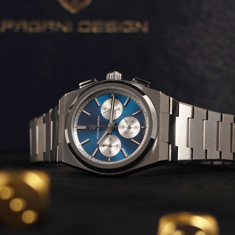 Мужские часы Pagani Design PD-1761 Silver-Blue с сапфировым стеклом и механизмом SEIKO VK63