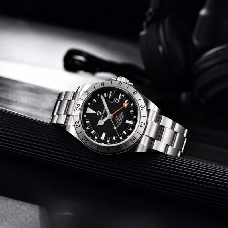 Мужские часы Pagani Design PD-1693 Silver-Black с сапфировым стеклом и механикой GMT