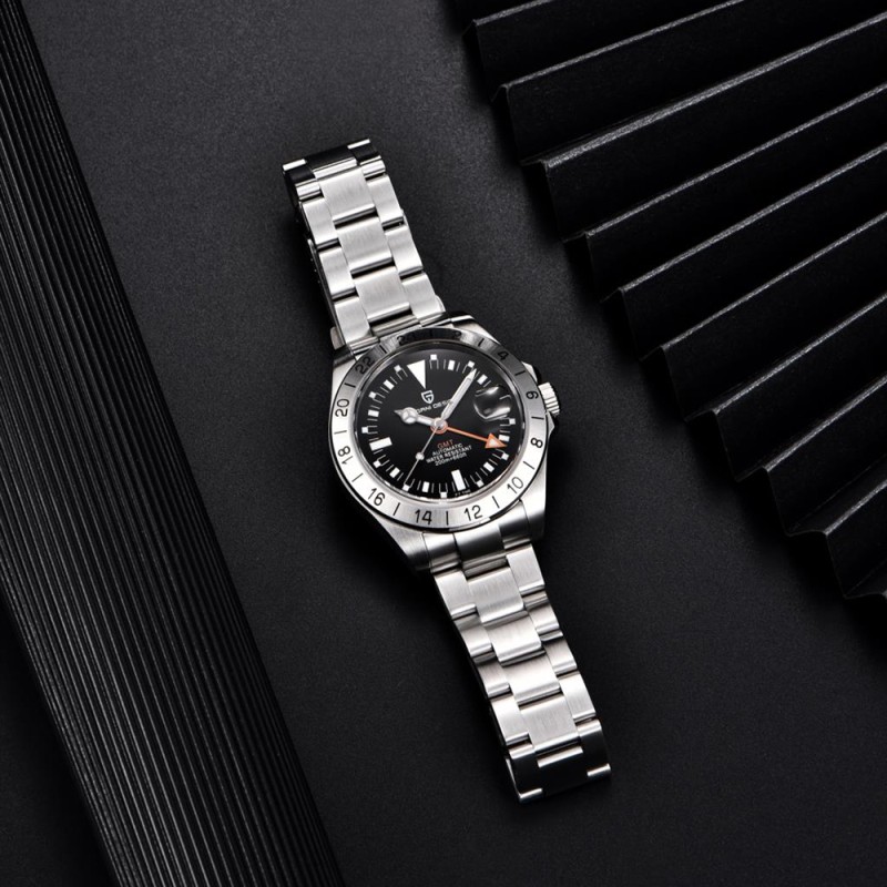 Мужские часы Pagani Design PD-1693 Silver-Black с сапфировым стеклом и механикой GMT