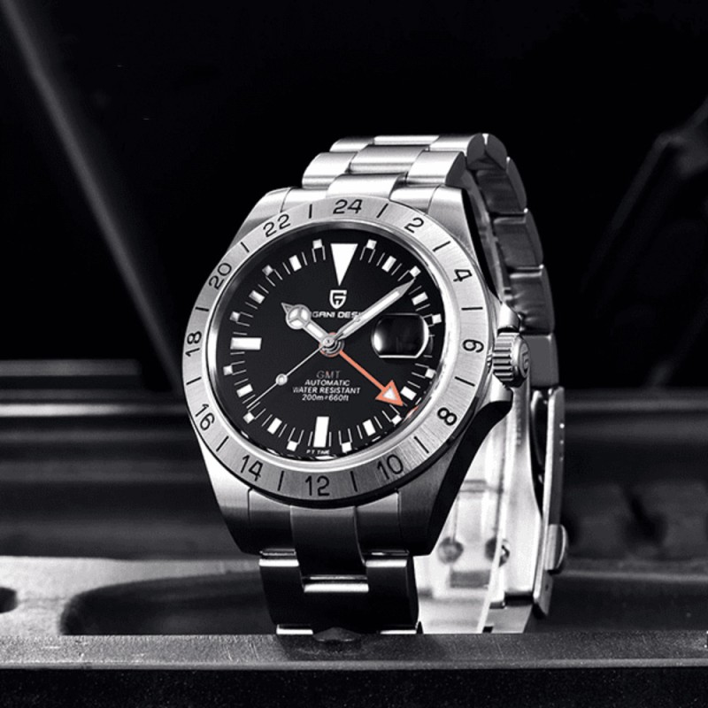 Мужские часы Pagani Design PD-1693 Silver-Black с сапфировым стеклом и механикой GMT