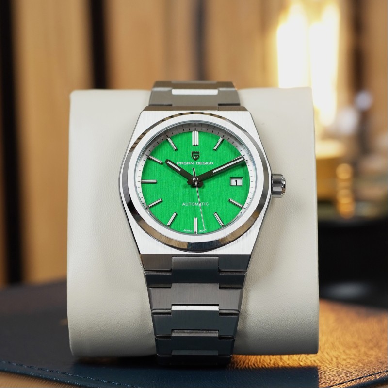 Мужские механические часы Pagani Design PD-1753 Silver-Green с сапфировым стеклом и механизмом Seiko NH35