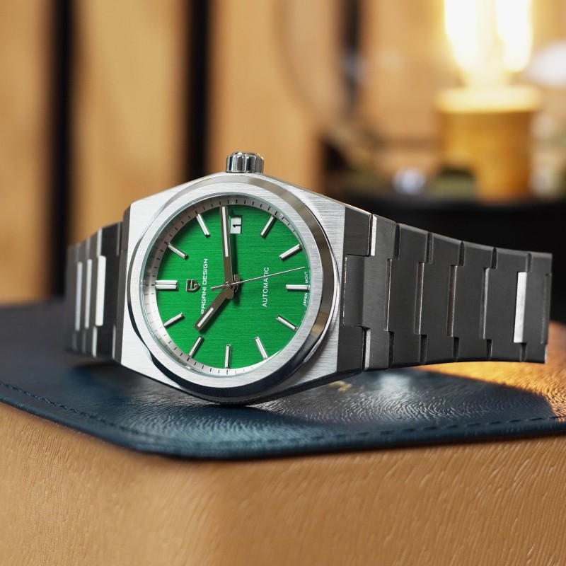 Мужские механические часы Pagani Design PD-1753 Silver-Green с сапфировым стеклом и механизмом Seiko NH35
