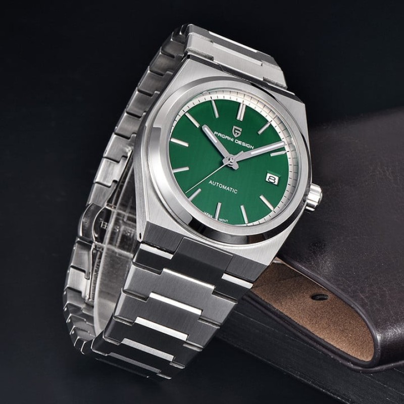 Мужские механические часы Pagani Design PD-1753 Silver-Green с сапфировым стеклом и механизмом Seiko NH35