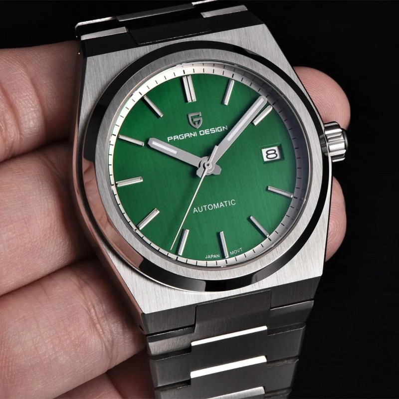 Мужские механические часы Pagani Design PD-1753 Silver-Green с сапфировым стеклом и механизмом Seiko NH35