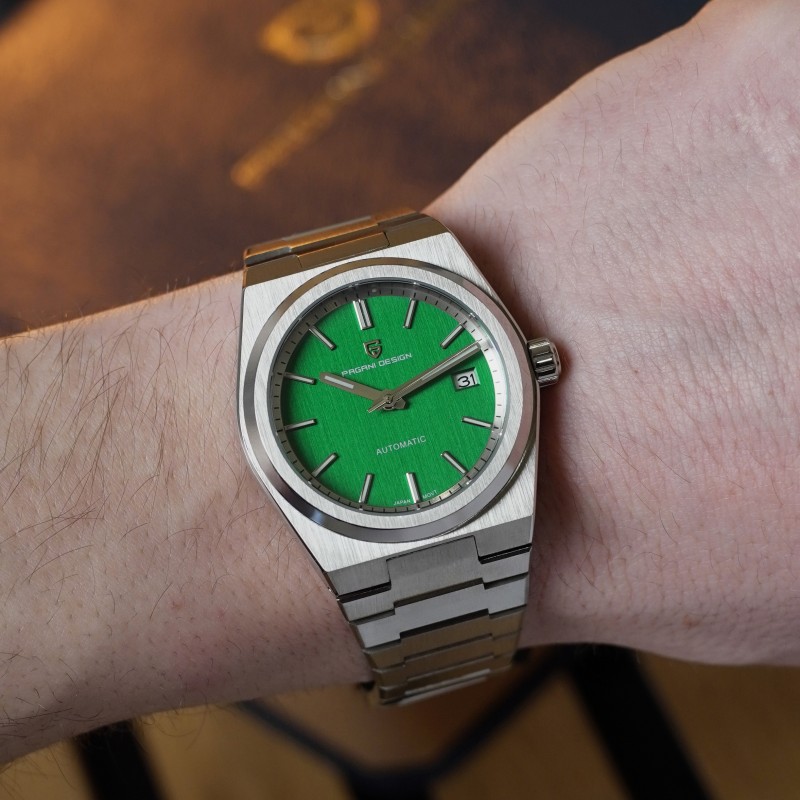 Мужские механические часы Pagani Design PD-1753 Silver-Green с сапфировым стеклом и механизмом Seiko NH35
