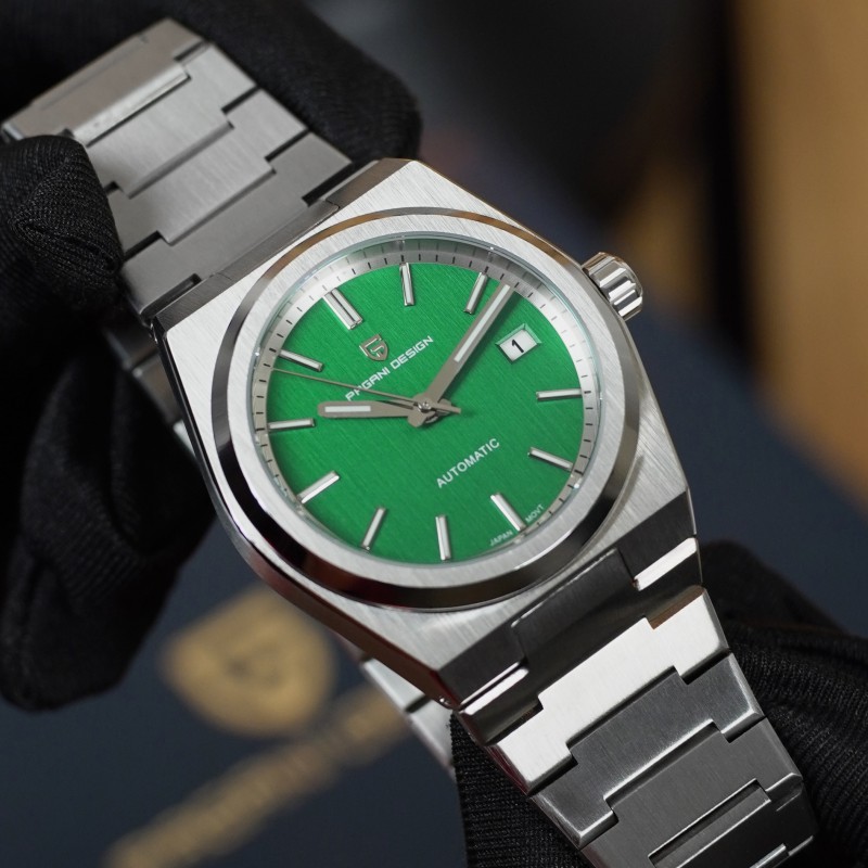 Мужские механические часы Pagani Design PD-1753 Silver-Green с сапфировым стеклом и механизмом Seiko NH35