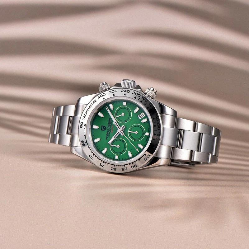 Мужские часы Pagani Design PD-1727 Silver-Green с сапфировым стеклом и механизмом SEIKO VK63