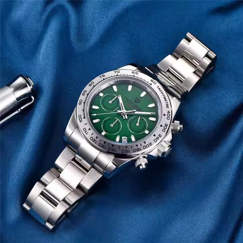 Мужские часы Pagani Design PD-1727 Silver-Green с сапфировым стеклом и механизмом SEIKO VK63