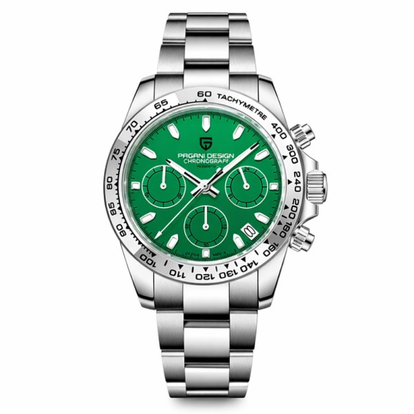 Мужские часы Pagani Design PD-1727 Silver-Green с сапфировым стеклом и механизмом SEIKO VK63