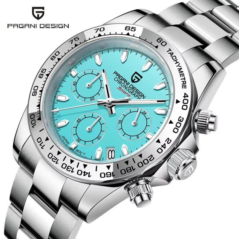 Мужские часы Pagani Design PD-1727 Silver-Blue с сапфировым стеклом и механизмом Seiko VK63