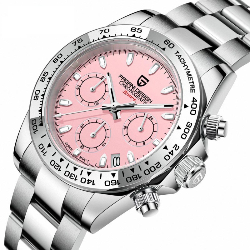 Мужские часы Pagani Design PD-1727 Silver-Pink с сапфировым стеклом и механизмом SEIKO VK63