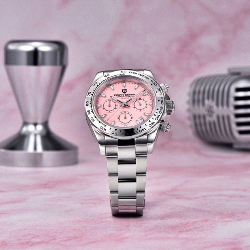 Мужские часы Pagani Design PD-1727 Silver-Pink с сапфировым стеклом и механизмом SEIKO VK63