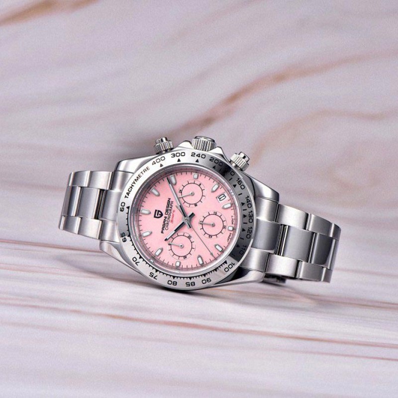 Мужские часы Pagani Design PD-1727 Silver-Pink с сапфировым стеклом и механизмом SEIKO VK63
