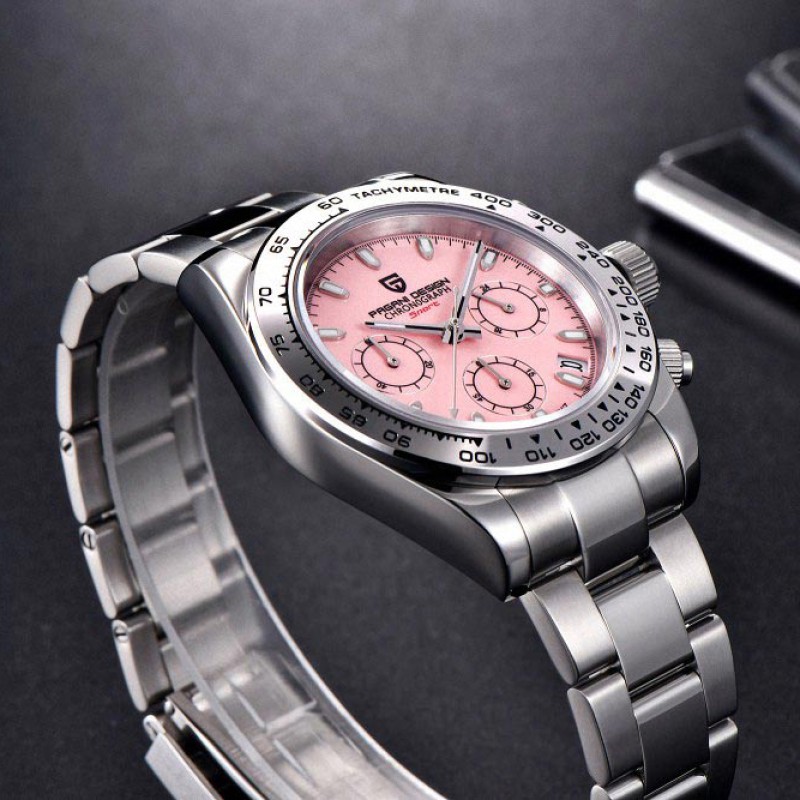 Мужские часы Pagani Design PD-1727 Silver-Pink с сапфировым стеклом и механизмом SEIKO VK63