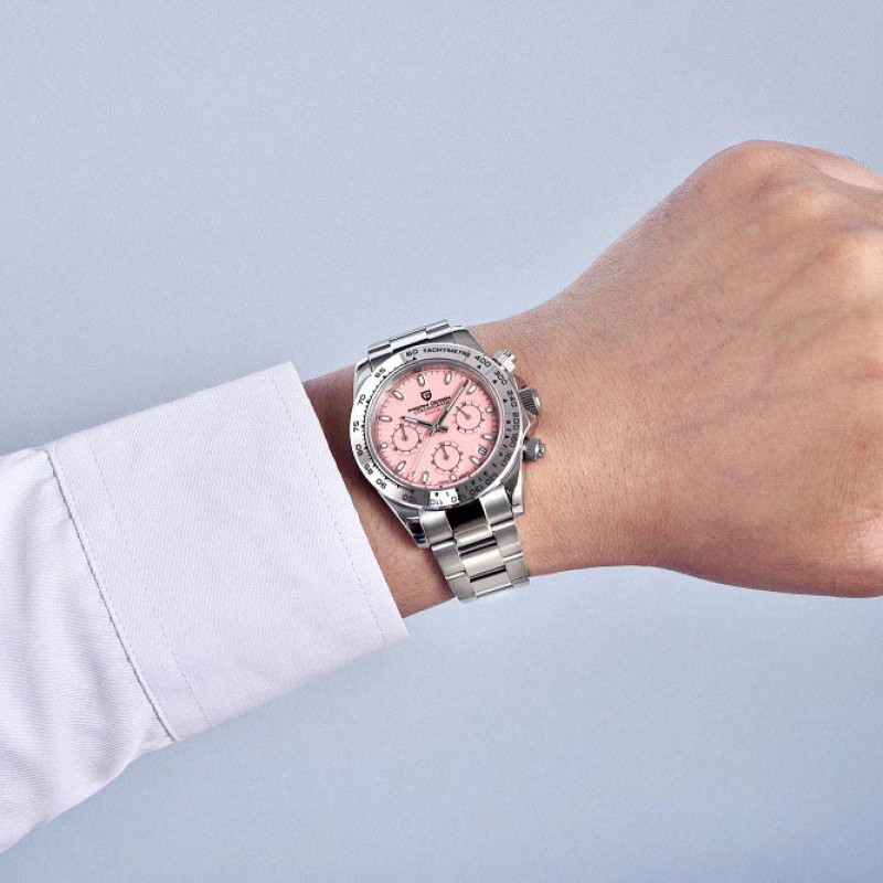 Мужские часы Pagani Design PD-1727 Silver-Pink с сапфировым стеклом и механизмом SEIKO VK63