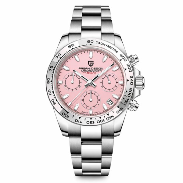 Мужские часы Pagani Design PD-1727 Silver-Pink с сапфировым стеклом и механизмом SEIKO VK63