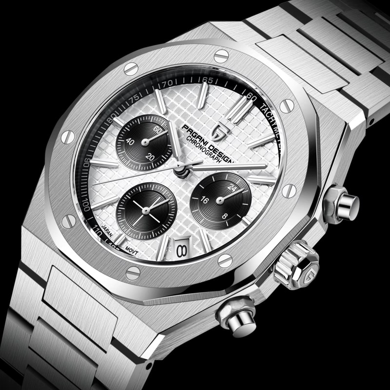 Мужские часы Pagani Design PD-1707 Silver-Black с сапфировым стеклом и хронографом SEIKO VK63