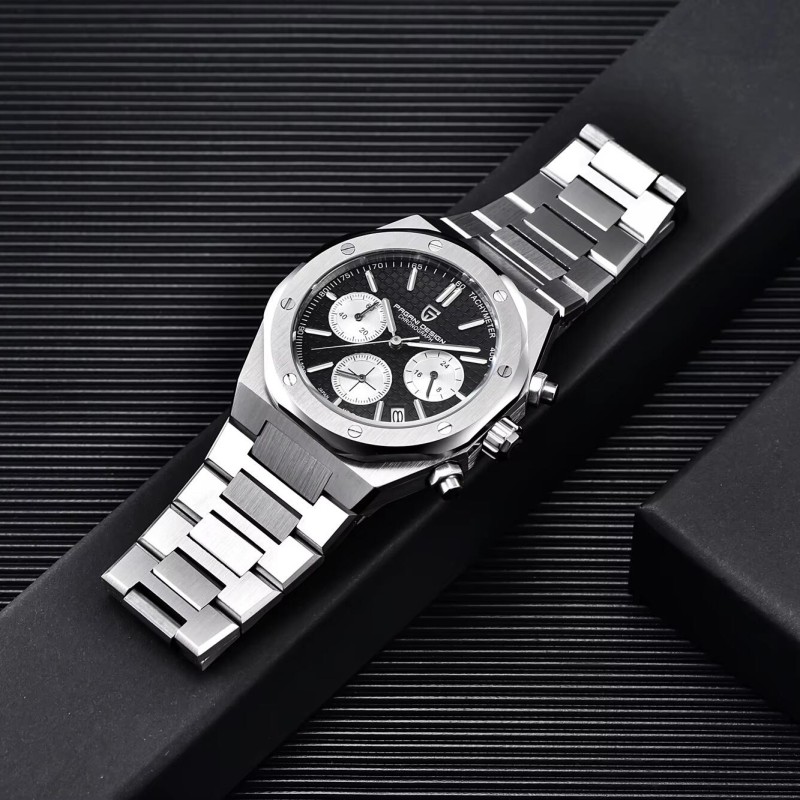 Мужские часы Pagani Design PD-1707 Silver-Black с сапфировым стеклом и хронографом SEIKO VK63