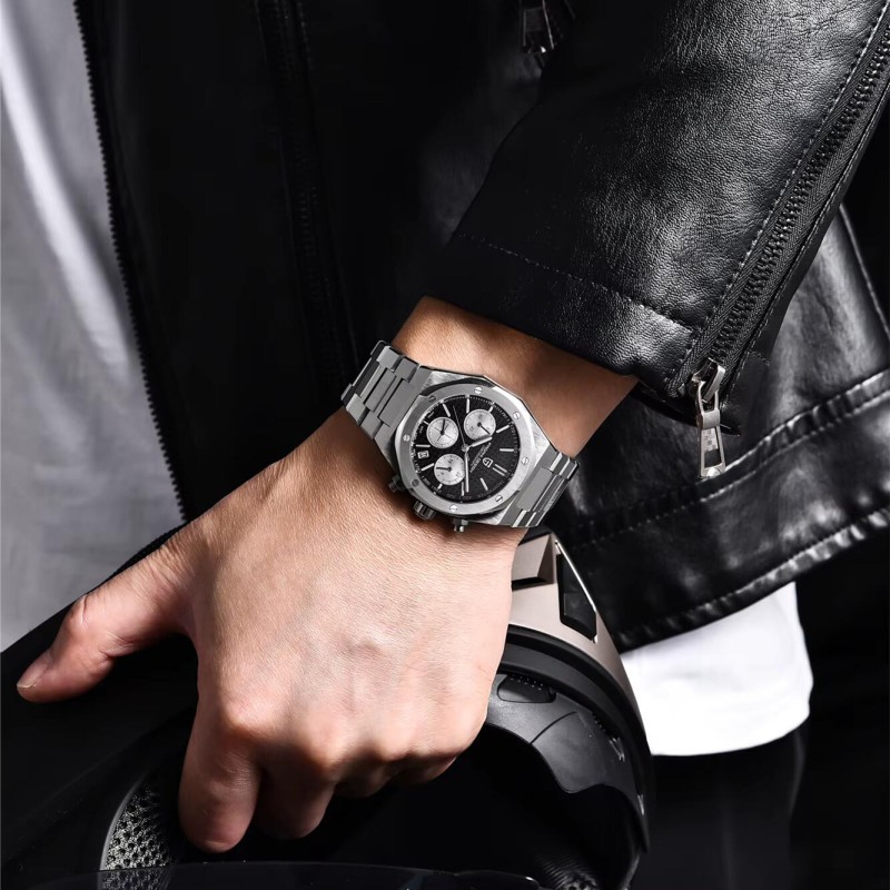 Мужские часы Pagani Design PD-1707 Silver-Black с сапфировым стеклом и хронографом SEIKO VK63